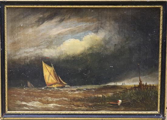 Norwich School, oil on canvas, Sail barge off the coast, 17 x 25cm